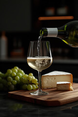 Obraz premium Pouring wine into a glass with grapes and cheese on a wooden table