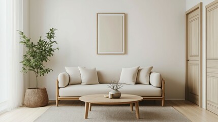 A minimalist living room featuring a single sofa, wooden coffee table, and a simple rug, creating a clean and uncluttered space.
