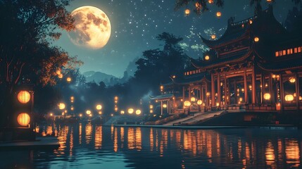 Naklejka premium Serene and atmospheric temple courtyard scene lit by a glowing full moon sparkling stars and ornamental lanterns capturing the peaceful and festive ambiance of the traditional Mid Autumn Festival