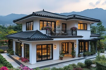 Fototapeta premium A large house with a black roof and white trim