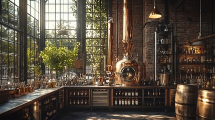 Fototapeta premium Rustic Distillery with Exposed Brick, Copper Still, and Natural Light