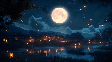 Luminous Mid Autumn Festival Scene with Glowing Full Moon Rising Over a Peaceful Village Where Lanterns and Sparkling Stars Light Up the Enchanting Nighttime Atmosphere