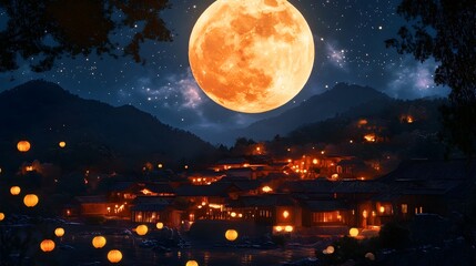 Glowing full moon rises over a peaceful village where lanterns and sparkling stars light up the night creating a dreamy serene atmosphere for the traditional Mid Autumn Festival