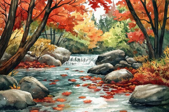 Beautiful autumn landscape with a serene river flowing through a forest of vibrant red, orange, and yellow foliage, surrounded by rocks.
