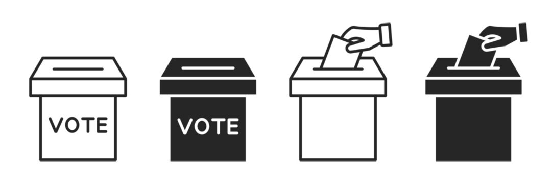 Voting ballot box icons set. Hand voting box concept. Vector.