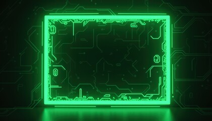 Green Neon Frame on Circuit Board Background