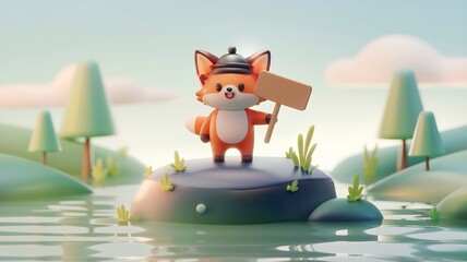 Cartoon Fox on a Serene Island Holding an Empty  Wooden Sign