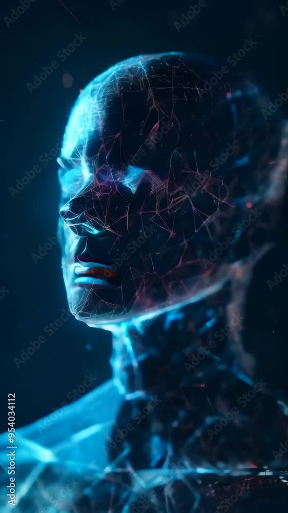 Poster Digital art of a glowing humanoid figure with neural network patterns, symbolizing AI and the digital future. Concept of artificial intelligence and human-machine interfaces.