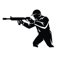 Silhouette of a Shooter Aiming to Fire with a Gun, Dynamic Figure in Action Pose on a White Background, High-Contrast Black Silhouette for Illustrations, Posters, and Graphic Designs