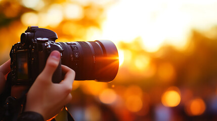 Fototapeta premium A hand holds a camera pointed at a vibrant sunset, capturing the golden light and bokeh.