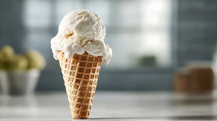 Melted Vanilla Ice Cream Cone on a White Countertop