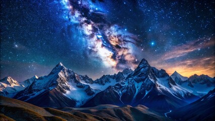 Celestial night sky with vibrant stars and Milky Way galaxy above rugged snow-capped mountain peaks, dramatic landscape