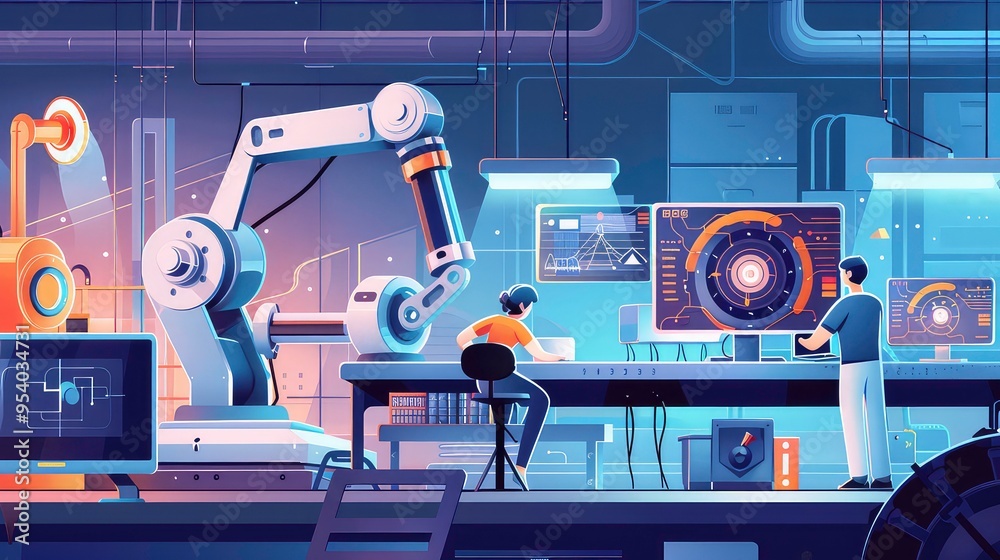 Poster two people working on computers in a factory setting with a robotic arm in the background.