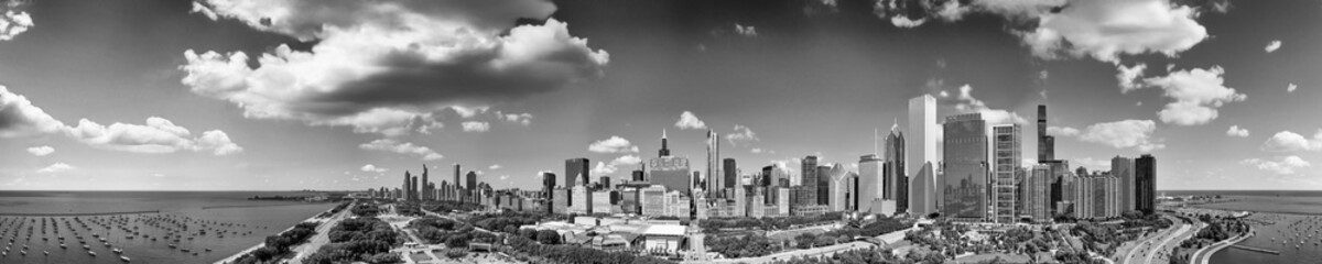 Aerial panoramic view of Chicago skyline from Millennium Park on a sunny summer day
