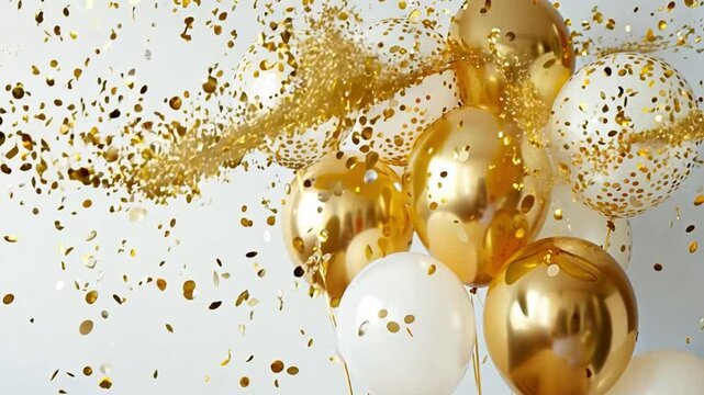 White and gold balloons floats beneath a shower of shimmering golden confetti, creating a joyful and festive ambiance perfect for celebrations