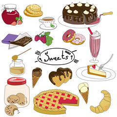  A set of sweets in bright colors with a black outline. Suitable for teachers, educators, menu planning and website design. Vector illustration