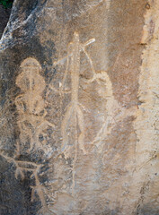 Ancient rock carvings petroglyphs in Gobustan National park. Gobustan petroglyphs are listed by UNESCO as World Heritage. Gobustan near Baku, Azerbaijan.