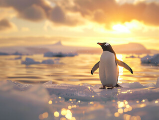 Obraz premium Adélie penguin standing on an ice floe in Antarctica, with the sun setting behind, casting a warm glow on the icy landscape, cinematic style, Compositing Core, 8k, detailed,