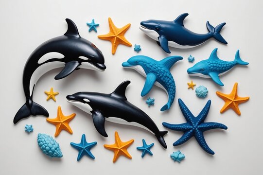 set of sea animals, killer whale, seahorse, starfish, on a white background, sculpted from plasticine - Powered by Adobe