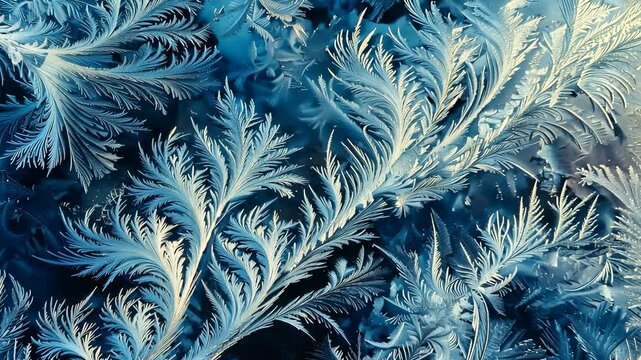 Frost patterns resembling leaves on a blue background. Nature and winter art concept