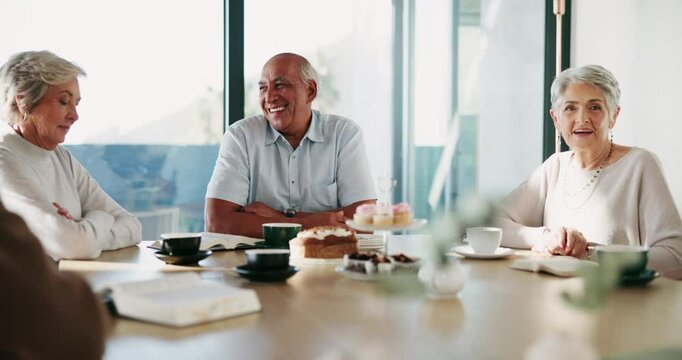 Christian, bible study and senior people by table with faith, conversation or learning. Religion, worship and friends with scripture for reading, spiritual education or knowledge in retirement home