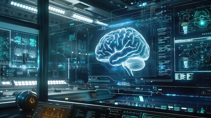 Futuristic control room with a digital brain image on a monitor.