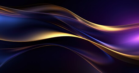 A vibrant abstract design featuring smooth, flowing waves in shades of blue, gold, and purple against a dark background.