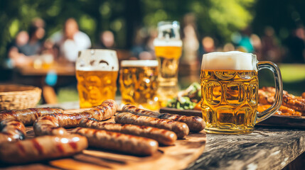 Oktoberfest Outdoor Table with Grilled Sausages and Beer Mugs