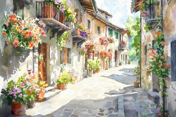 watercolor a street in a quaint European village, lined with flower-filled balconies and cobblestone paths