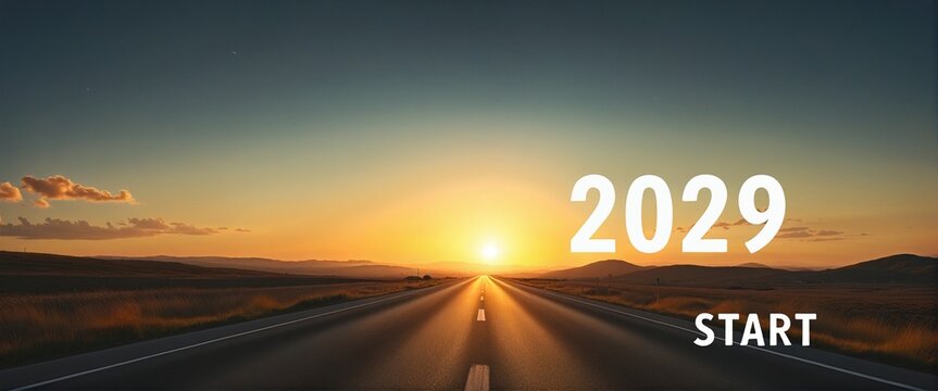traffic on highway at sunset year 2029 start