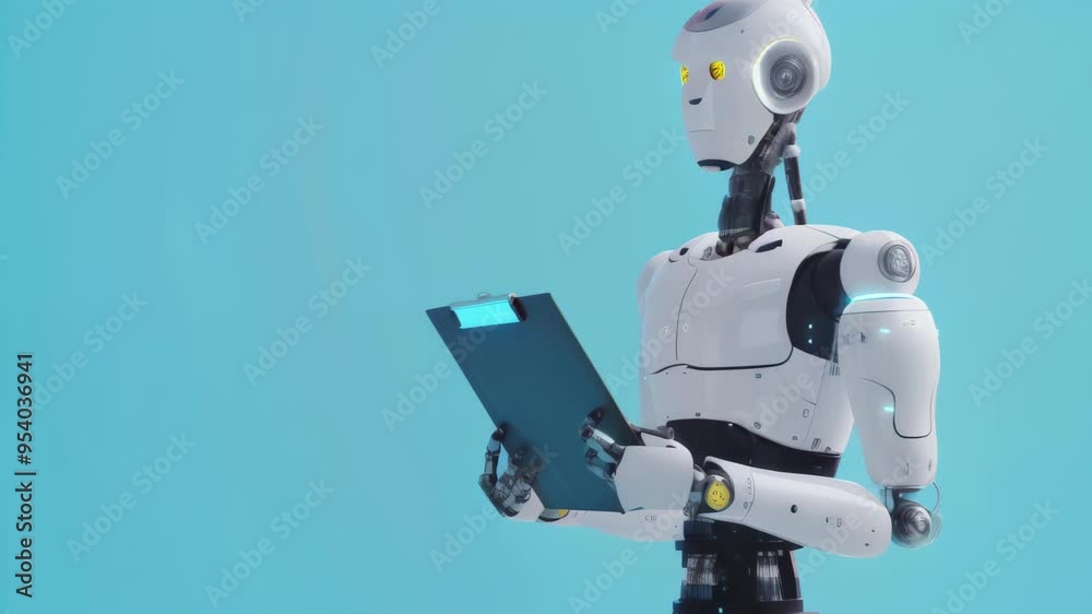 Poster modern robot holding a clipboard against a solid blue background. representation of ai, futuristic w