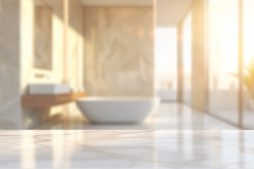 Empty marble table top with blurred bathroom interior background