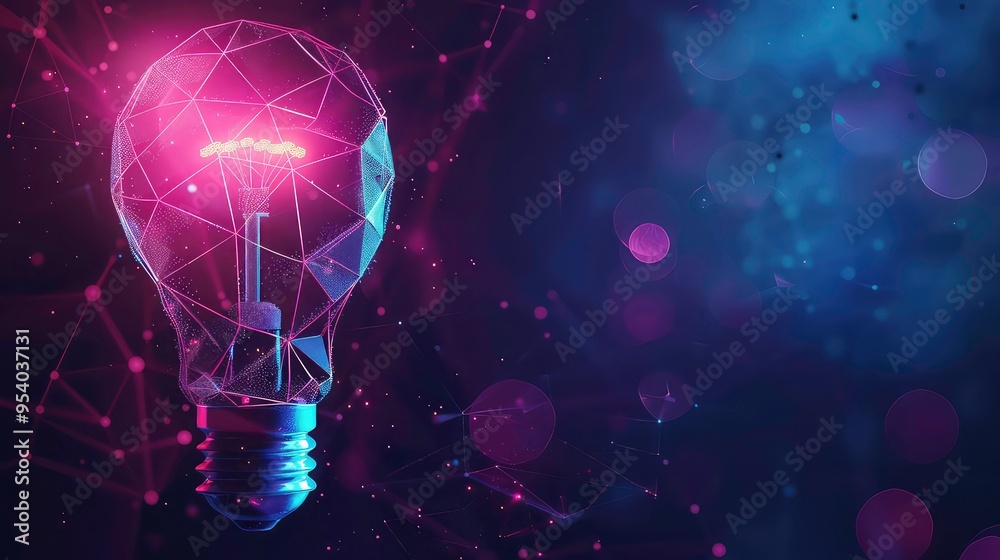 Poster a glowing lightbulb made of polygons against a dark background with bokeh.