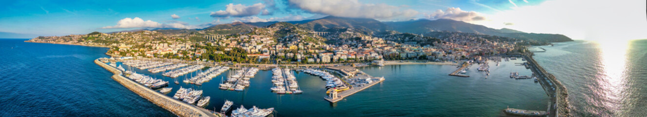 Sanremo, Italy. Aerial view of city port and skyline