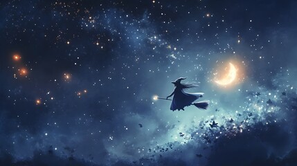 Witch Flying on Her Broomstick Under a Starry Mystical Halloween Night Sky with Sparkling Stars and a Glowing Ethereal Moon Illuminating a Dreamy Magical World