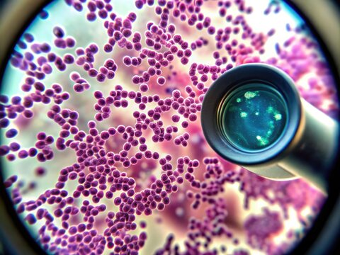 Close-Up Of A Gram-Stained Sputum Sample Showing Few Gram-Negative Rods Under A Microscope