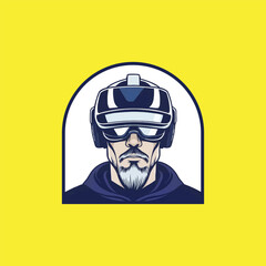 Virtual Reality Goggles. Vector illustration of a guy using virtual reality glasses. VR Mascot logo design 