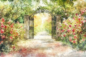 Obraz premium Watercolor painting of a beautiful garden with an open wrought-iron gate and vibrant blooming flowers, framed by lush green foliage.