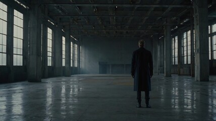 A person stands alone in a large, empty warehouse, surrounded by concrete walls and large windows that let in dim light, creating a sense of isolation and contemplation