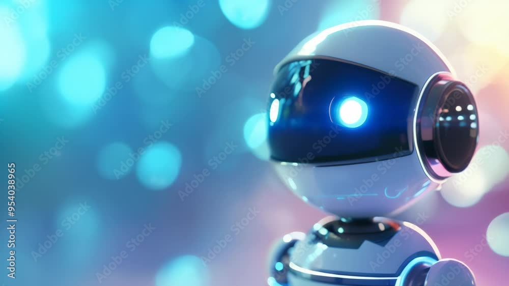 Poster Cute small robot with glowing blue eyes against a colorful bokeh background. Ideal for themes of futuristic technology and friendly AI.