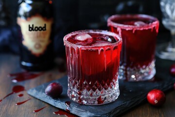 Red Halloween drink in a crystal glass with ice, perfect for adding a spooky touch to a festive and eerie celebration. Halloween drinks