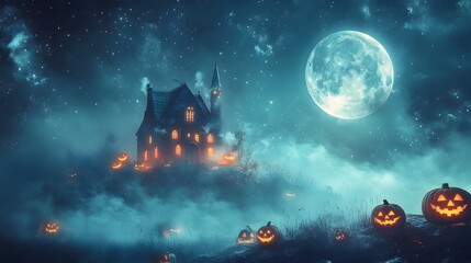 Mystical Halloween scene featuring a glowing full moon sparkling stars and a haunted house surrounded by eerie fog and jack o  lanterns in a spooky atmospheric landscape