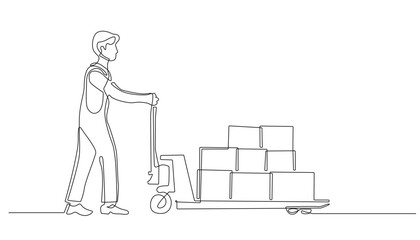 continuous line of warehouse man with hand truck.one line drawing of man transporting goods with pallet truck.single line of industrial activity,logistics.isolated white background © vionaembun42