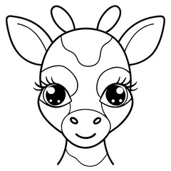 Line art of a baby giraffe face with long eyelashes.