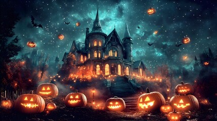 Haunted mansion perched on a hill under a sky filled with twinkling stars surrounded by glowing pumpkins and swirling ethereal fog capturing the eerie spirit of the Halloween season