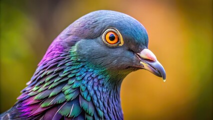 Obraz premium Close-up of a pigeon's head, showcasing its iridescent gray and purple feathers, with bright, inquisitive eyes gazing directly into the camera lens.