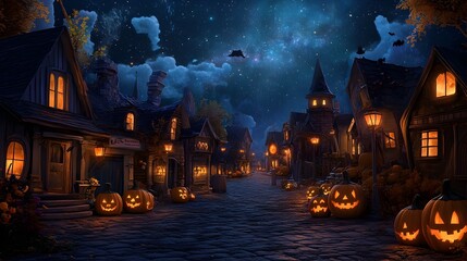 A captivating Halloween scene showcasing a spooky village nestled under a starry night sky