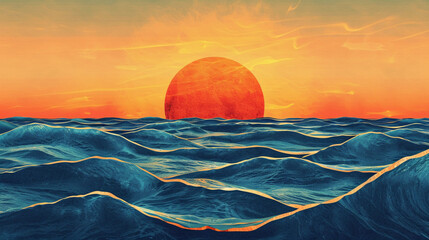 A sunset over the blue ocean sea waves landscape boho 70s style retro painting background wallpaper
