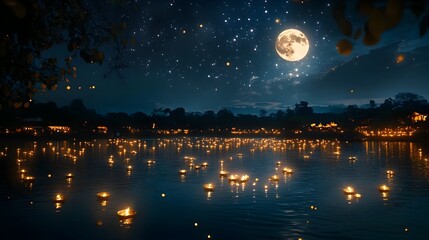 Naklejka premium Serene Loy Krathong Night with a River Filled with Glowing Krathongs Sparkling Stars in the Sky and a Full Moon Casting a Dreamy Light on the Water