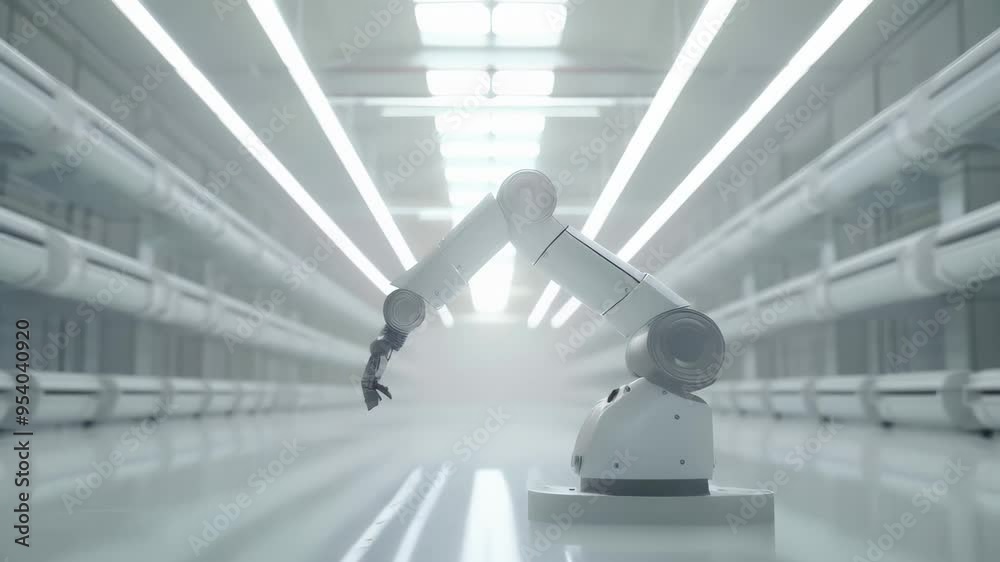 Aufkleber Robotic arm in a bright, sterile high-tech lab, symbolizing advanced automation and precision in modern industry. AI-driven manufacturing and futuristic technology